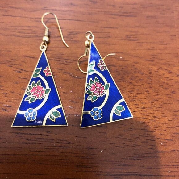 Triangle Floral Blue Dangle Earrings. - Picture 10 of 10